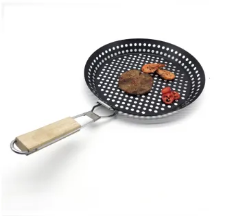 Non-Stick Metal BBQ Grill Basket Foldable Wood Handle Grilling Tray