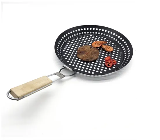 Non-Stick Metal BBQ Grill Basket Foldable Wood Handle Grilling Tray