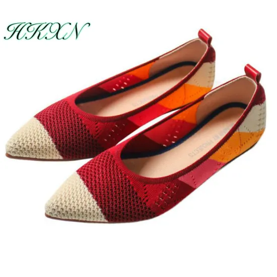 Womens Flats Knitted Mixed Color Moccasins Breathable Cozy Work Shoes Loafer Brief Slip-on Fashion Ladies Flats Light Driving