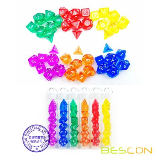 Bescon mini jeu de dés polyédrique translucide RPG 10MM, petit jeu de dés RPG D4-D20 dans un emballage en tube, couleur assortie de 42pcs