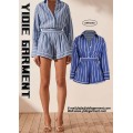 Striped Long Sleeve Drawstring Waist Flared Short Jumpsuits