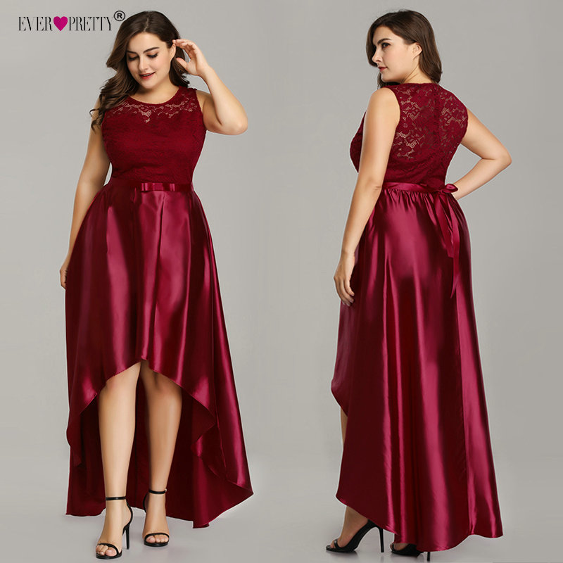 Plus Size Cocktail Dresses Ever Pretty Elegant Lace A-line Sleeveless High Low Burgundy Satin Short Party Dresses with Sashes
