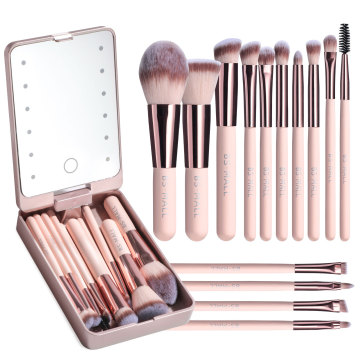 2024 BS-MALL Travel LED Mirror Makeup Brush Set with Custom Logo - 14PCS for Eyebrows and Blush