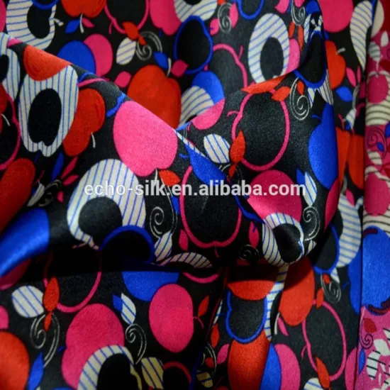 colored apples pattern, 100% silk satin fabric in printing.