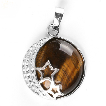 Natural Gemstone Crescent Moon Silver Stars Pendant