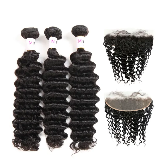 Raw Indian 10A Deep Wave Virgin Cuticle Aligned Human Hair Bundle Deals With Lace Frontal