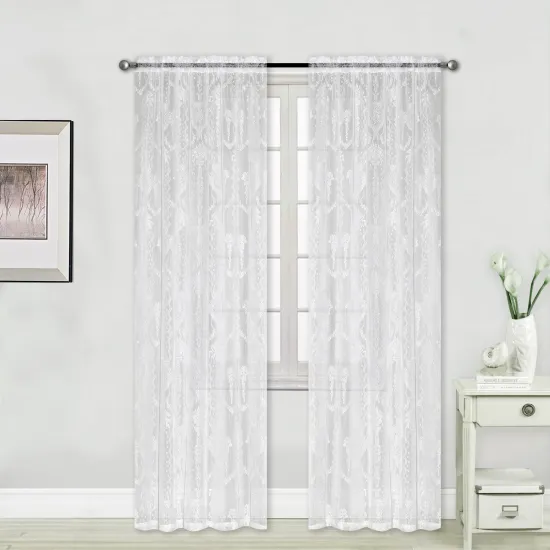 Floral White Lace Semi Sheer Rod Pocket Curtains for Bedroom and Living Room