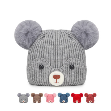 Cute Cartoon Bear Ear Protection Knit Hats with Pom Pom for Kids