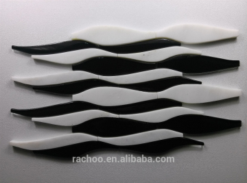 Natrual white marble mix black solid glass wave waterjet mosaic art tile