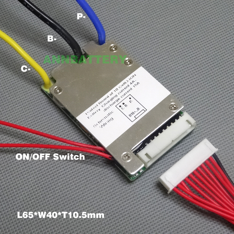 Free Shipping 36V lithium ion battery protection circuit 10S 36V/37V 15A BMS ON/OFF switch wires and small size L65*W40mm