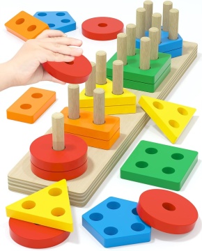 Montessori Wooden Educational Toys: Shape, Color Sorting Blocks & Puzzles for Toddlers, Boys, and Girls