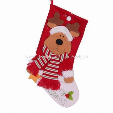 Christmas stockings with applique bear, used for gifts and hanging decorations