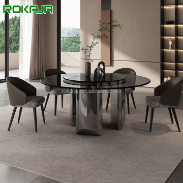 Moderne ronde glazen eettafel 8zitter met draaitafel roestvrijstalen basis
