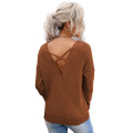 V suéteres traseiros para mulheres pulôver de manga longa