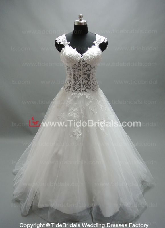 V-Neck Straps Lace Tulle Brides Evening Gown Bridal Wedding Dress (LT2154)