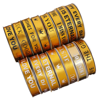 Luxury Custom Golden Ribbon with Designs, Printed Logo Ribbon Gold Silver Foil