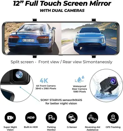 4K Touch Screen 12 Inch Rearview Car DVR Mirror with GPS Night Vision Reverse Dash Cam