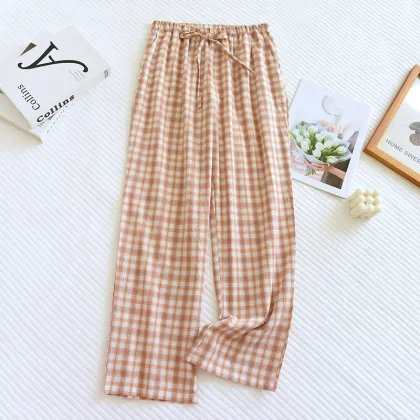 Women's Cotton Gauze Elastic Waist Checkered Pajama Pants - Breathable and Sexy Nightwear