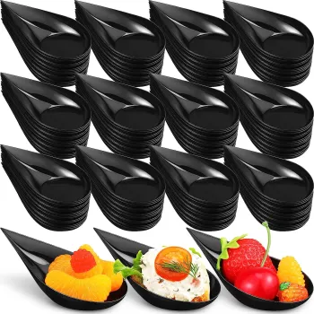 Black 4 Inch Tear Drop Mini Appetizer Plates & Plastic Spoons - Catering Supplies
