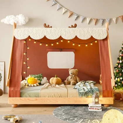 Kids Cartoon Wooden Bed with Canopy Cover