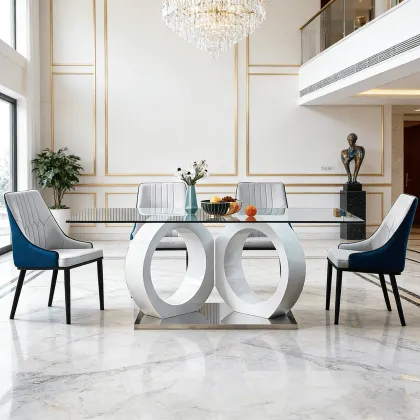 Double Ring Glass Dining Table with Blue Chairs