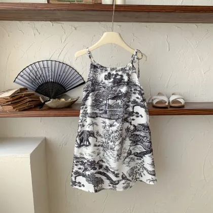 Stylish Thin Breathable Camisole Skirt and Beach Princess Chinese Ink Wash Dress for Children