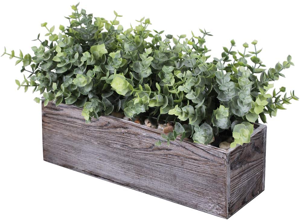 Faux Eucalyptus Plants in Rectangular Wood Planter Box