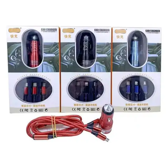 12V-24V Car Phone Charger: 3.1A Dual USB & Three-in-One Data Cable for Fast Charging