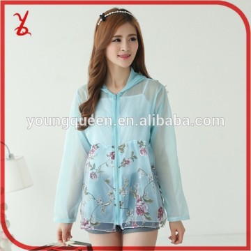 FSF1538 2015 spring new Women organza printed long sleeve hooded sun protection clothing air-conditioned shirt
