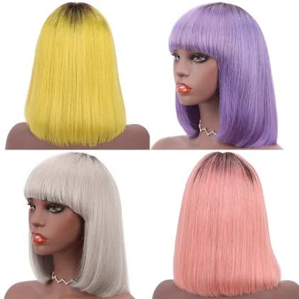 Hot sales virgin long pink human hair bob wig with bangs