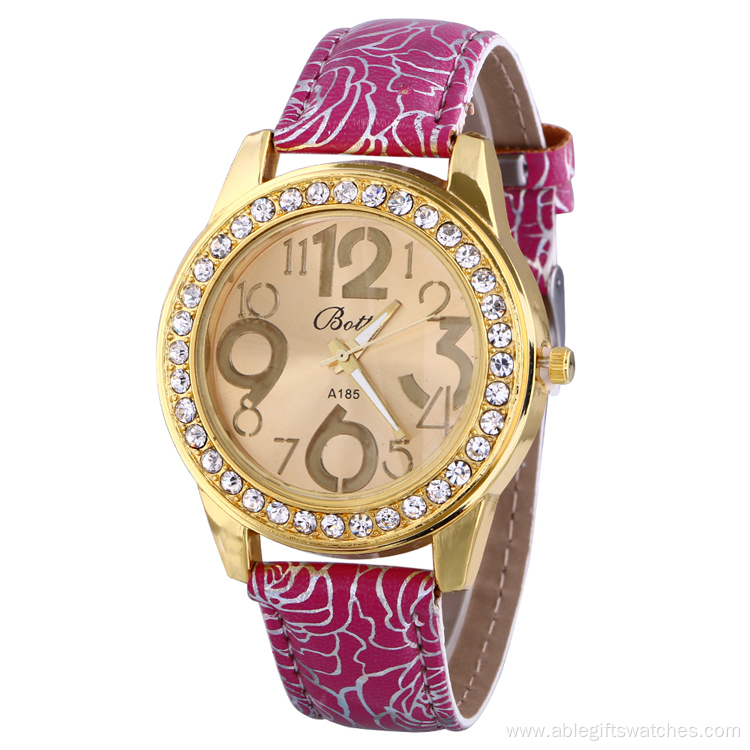 Vein Strap Rhinestone Leather Quartz Watch