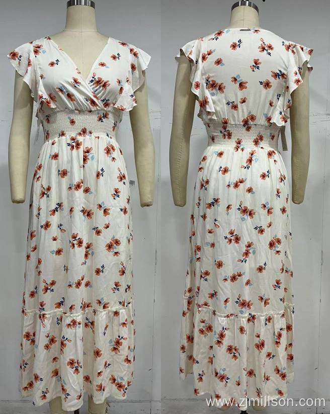 Flower Pattern V Neck Waist Up Lady Dress