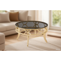 Mesa de centro moderna de vidrio gris con marco dorado