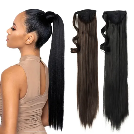 Black Brown 24 inch Long Straight Drawstring Ponytail Hairpiece With Hairpins Pony Tail Hair Extensions Synthetic Ponytail
