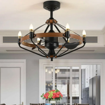 Caged Chandelier Ceiling Fan Light: Industrial Candle Fandelier 6 Light Classic Black & Wood Finish