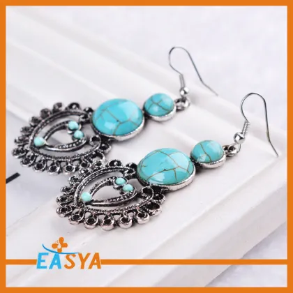Classic Accessories Double Round Turquoise Stones Heart Earrings