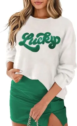 Wholesale Large Chenille Patches - White Green Lucky Letter Patch for Clothing