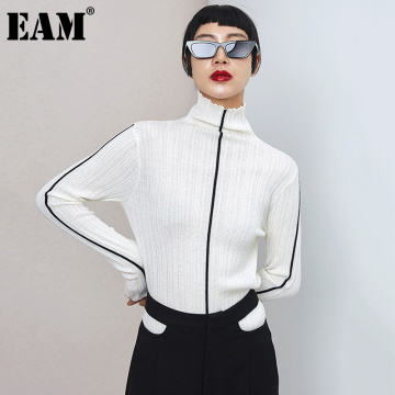 [EAM] Striped Thin Knitting Sweater Loose Fit Turtleneck Long Sleeve Women Pullovers New Fashion Tide Autumn Winter 2021 1DD0473