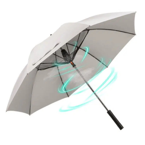 Paraguas recto grande al aire libre con ventilador y señor.