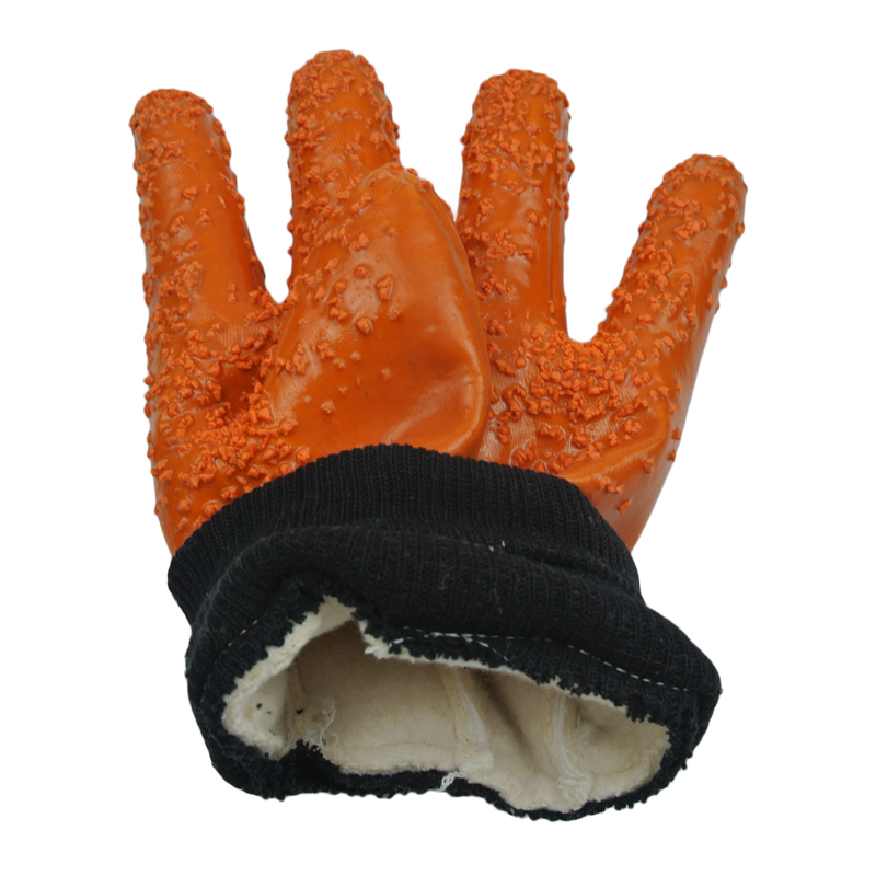 Brown PVC dipped glove Chips on the palm Foam insulated linning black cotton knit wrist