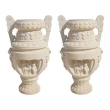 Antique Carved Stone Urn Pair Ornate Relief Garden