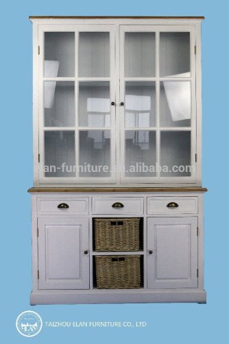 wooden cupboard furniture solid wood glass display stroage cabinet with rattan basket drawers