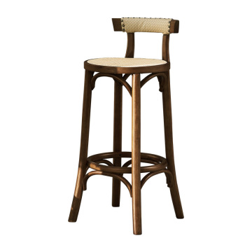 Nordic Minimalist Bent Rattan Bar Stool with Solid Wood Backrest