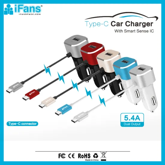 Universal Car Charger USB Type C 3.0 Dual Output 5.4A Aluminium OEM ROHS