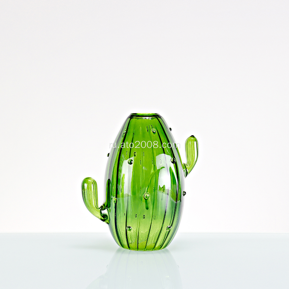 Стеклянная ваза с зеленым кактусом.