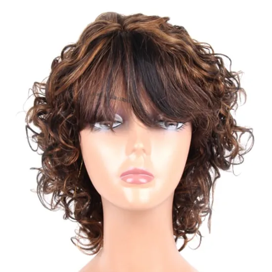 Highlight Color Short Curly Remy Brazilian Human Hair Wigs With Bangs