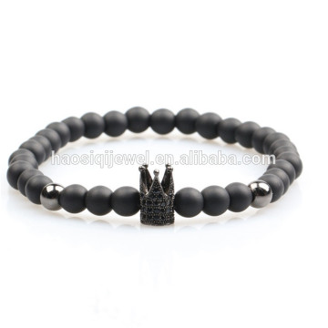 High end jewelry 8mm natural black matt agate bead bracelet pave crown bracelet cheap price