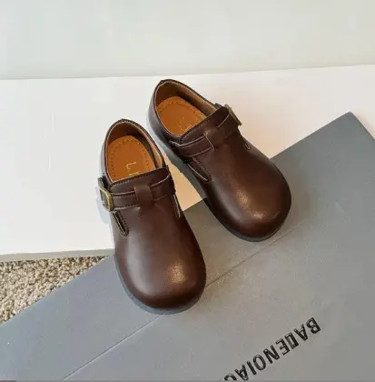 New Retro Girls' Soft-Soled Beanie Shoes & Boys' Single PU Leather Slip-On Shoes