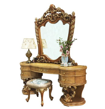 High Italian Gold Plated Dresser with Mirror - European White and Golden Floral Dressing Table