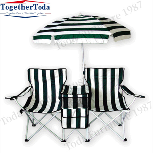 Collapsible outdoor double camping chair with sun umbrella